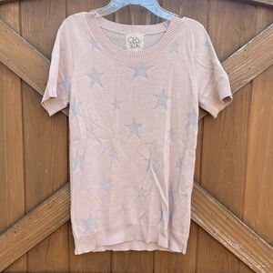 Chaser Light Pink w/Silver Stars Short Sleeve Sweater/Top. Medium Soft! New NWT